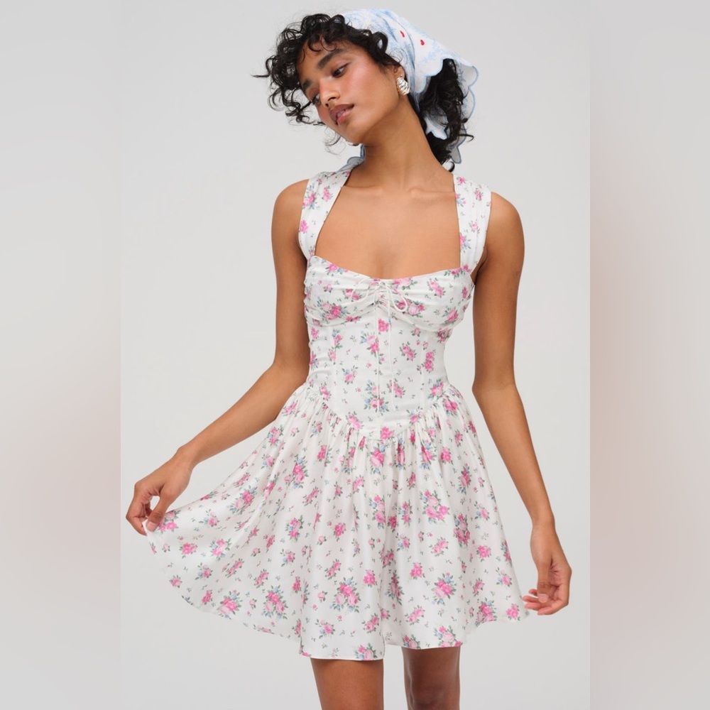For Love & Lemons August Floral Mini Dress XL Sweetheart Open Back Boned NWT - Picture 2 of 8